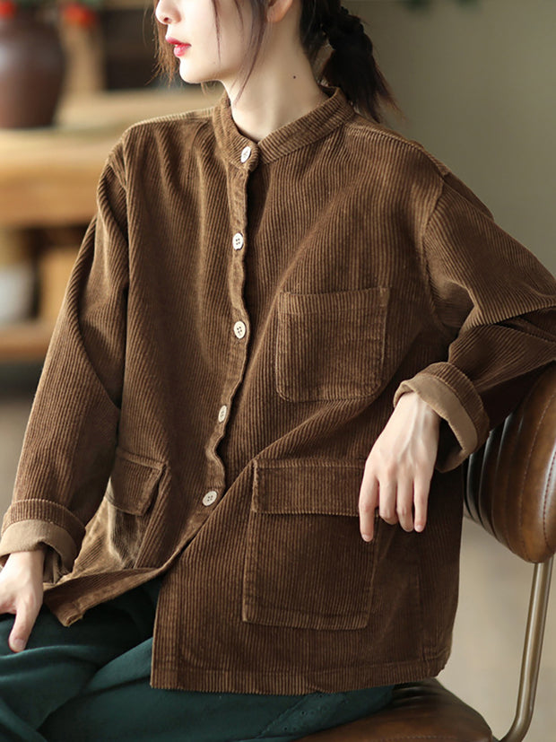Women Solid Vintage Cotton Corduroy Coat