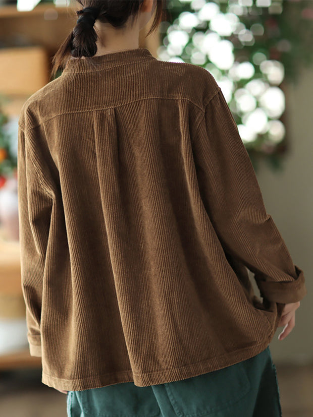 Women Solid Vintage Cotton Corduroy Coat