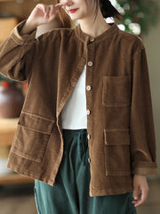 Women Solid Vintage Cotton Corduroy Coat