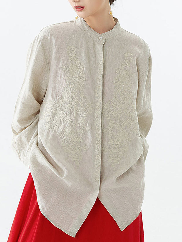 Women Retro Embroidered  Loose 100% Linen Shirt