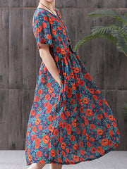 Floral Print Cotton Linen Loose A-Line Dress