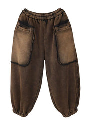 Big Pocket Solid Elastic Waist Casual Loose Pants