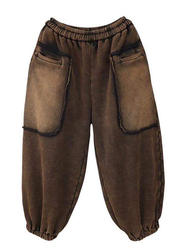 Big Pocket Solid Elastic Waist Casual Loose Pants