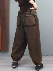 Big Pocket Solid Elastic Waist Casual Loose Pants
