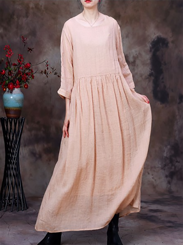 Women Spring Casual Fold Solid Pink Loose Dress