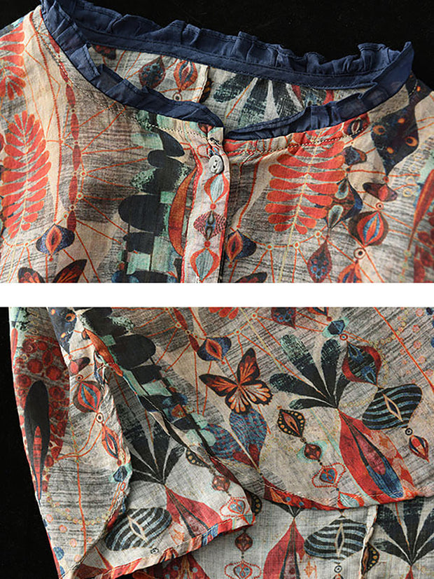 Ramie Floral Vintage Women Print Casual Shirt