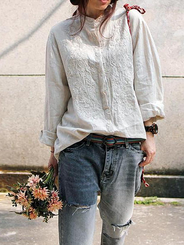Women Retro Embroidered  Loose 100% Linen Shirt