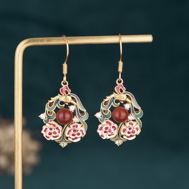 2 PCS Women Chinese Style Enamel Flower Earrings