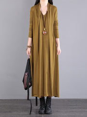 Women Long Sleeve Loose V Neck Fake Two Piece Dress