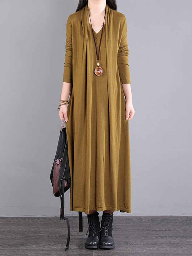 Women Long Sleeve Loose V Neck Fake Two Piece Dress