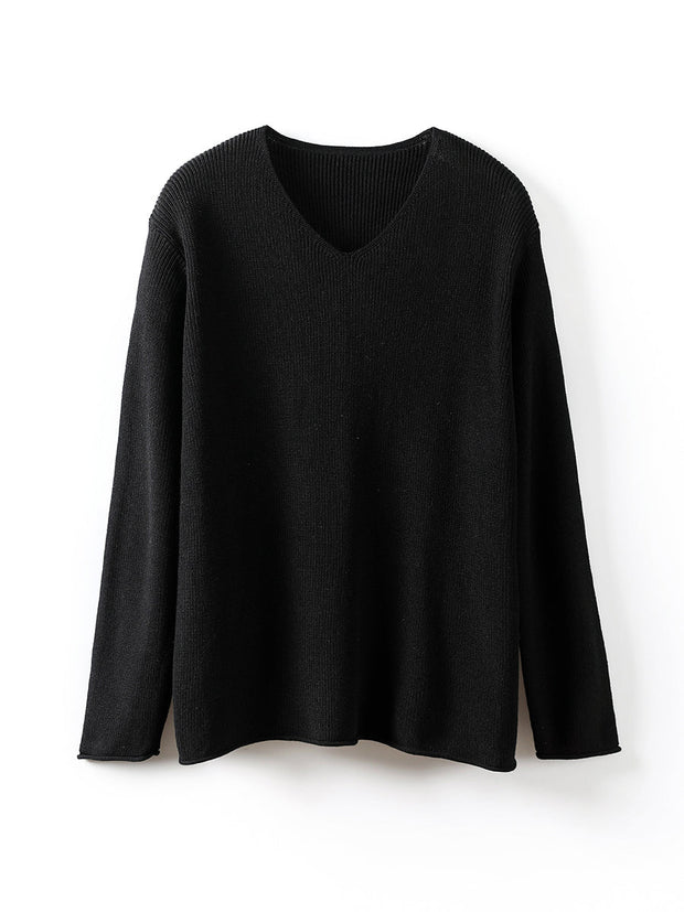 Women Casual V-Neck Solid Knitted Loose Sweater