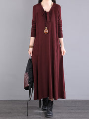 Women Autumn Solid Loose V Neck Dress