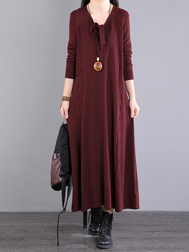 Women Autumn Solid Loose V Neck Dress