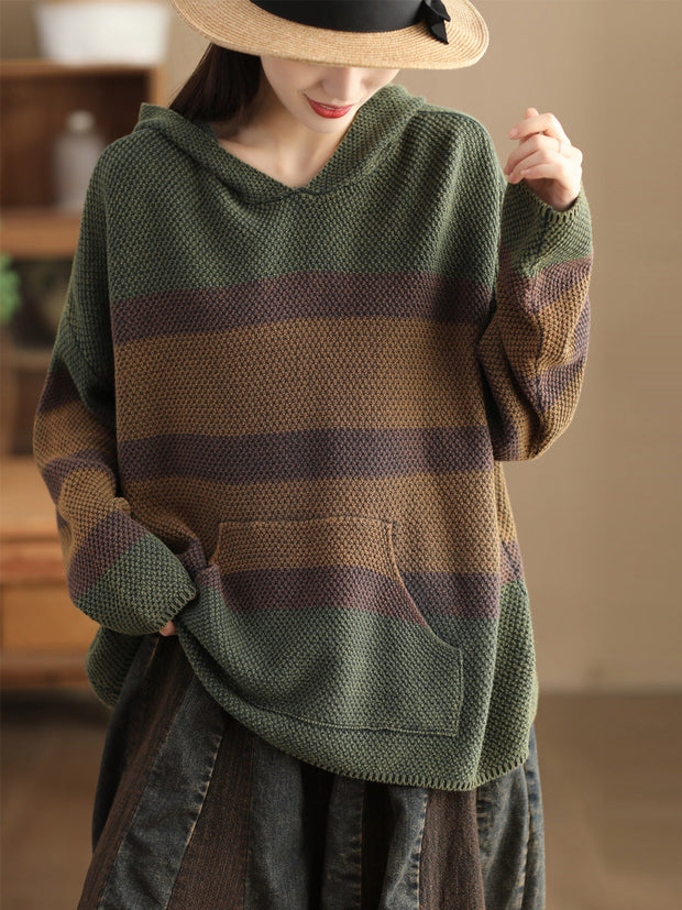 Women Vintage Spliced Knitted Pocket Hooded Sweater