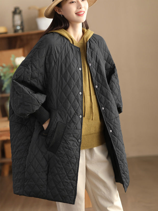 Women Casual Solid Rhomboid O-Neck Padded Coat