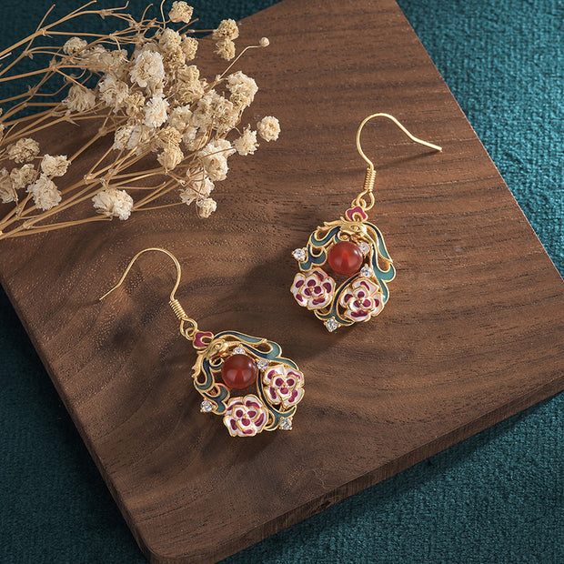 2 PCS Women Chinese Style Enamel Flower Earrings