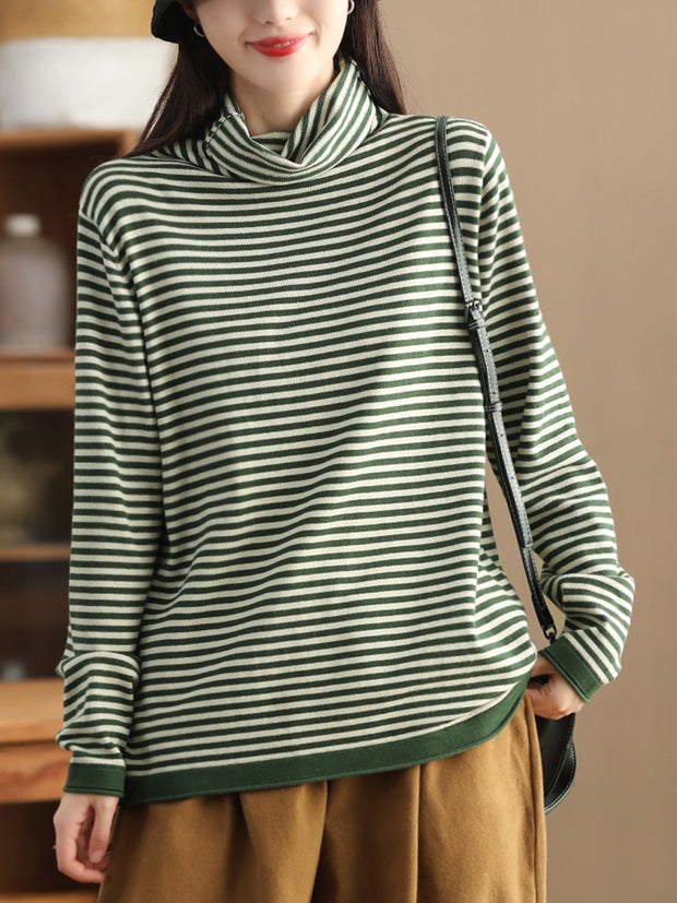 Women Casual Stripe Turtleneck Wool Warm Sweater