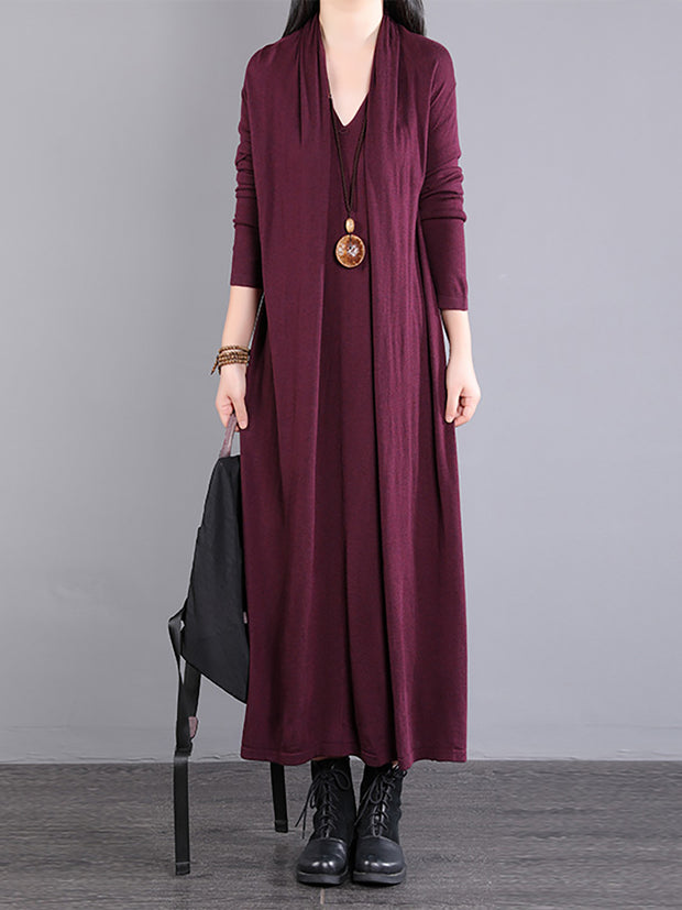 Women Long Sleeve Loose V Neck Fake Two Piece Dress