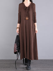 Women Autumn Solid Loose V Neck Dress