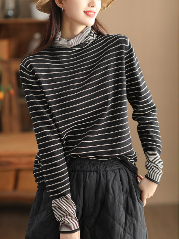 Women Casual Stripe Spliced Turtleneck Warm Sweatshirt