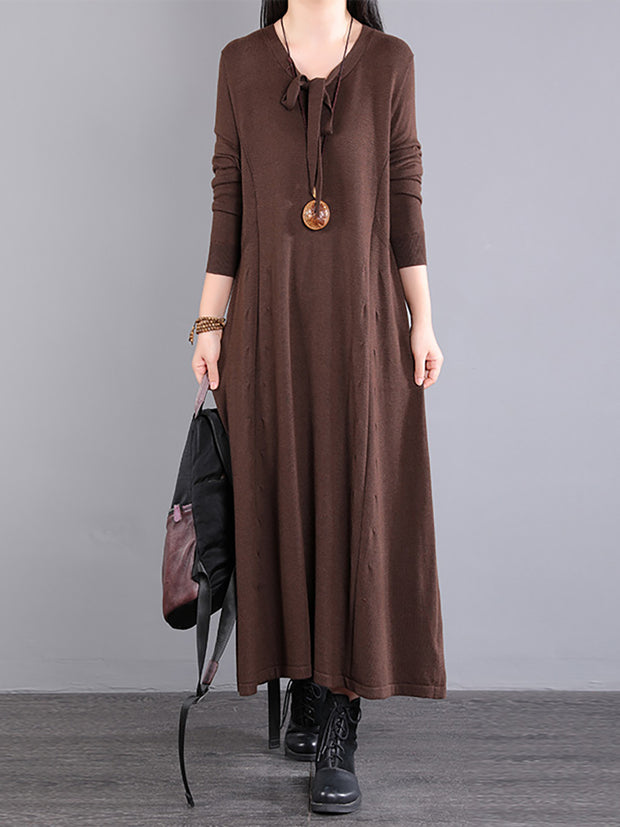 Women Autumn Solid Loose V Neck Dress