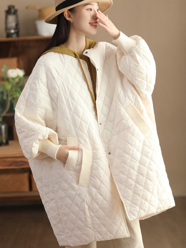 Women Casual Solid Rhomboid O-Neck Padded Coat