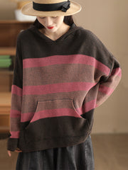 Women Vintage Spliced Knitted Pocket Hooded Sweater