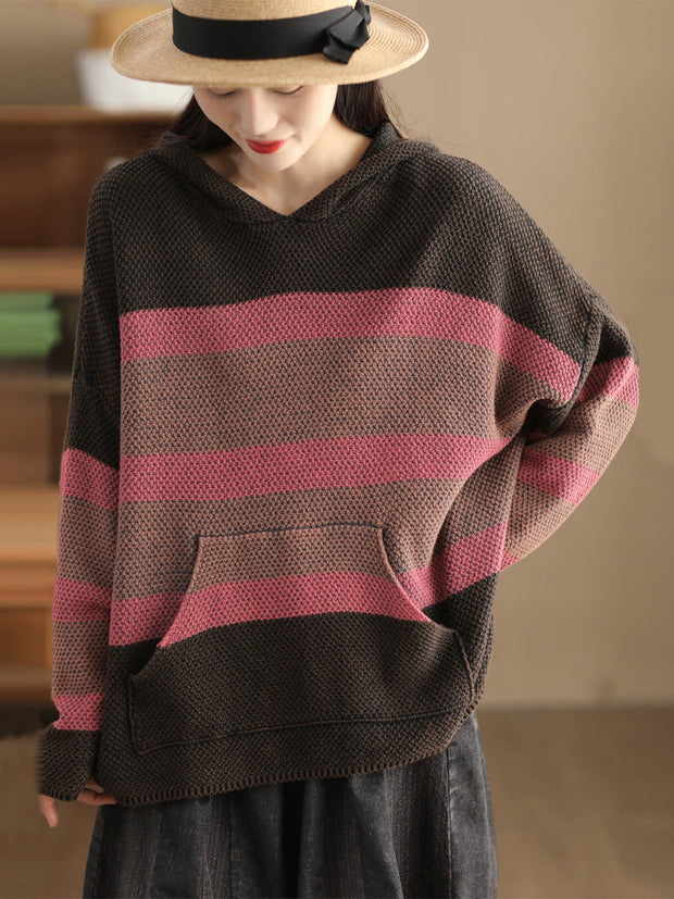 Women Vintage Spliced Knitted Pocket Hooded Sweater