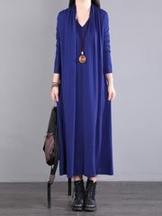 Women Long Sleeve Loose V Neck Fake Two Piece Dress