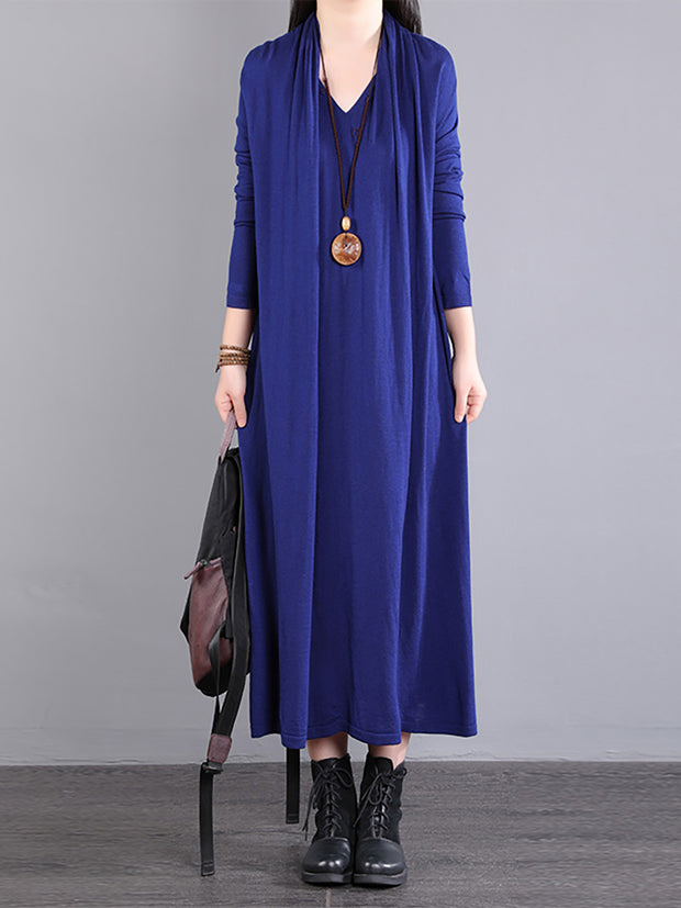 Women Long Sleeve Loose V Neck Fake Two Piece Dress