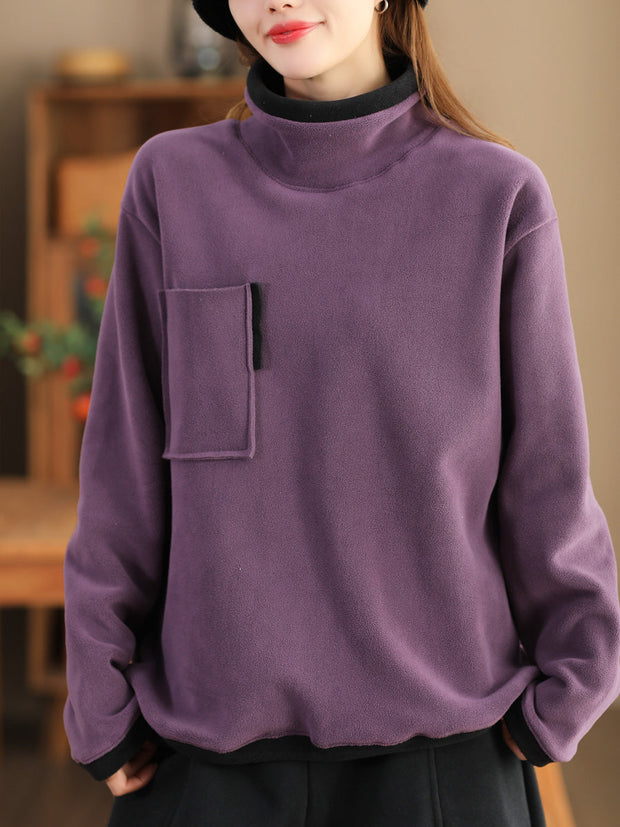 Women Casual Winter Spliced Turtleneck Fleece Sweatshirt