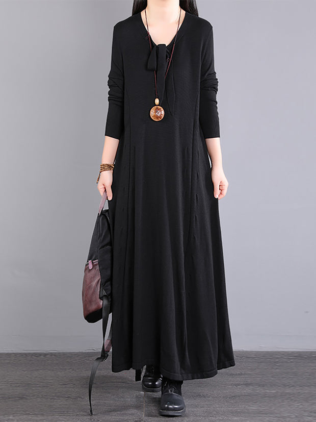 Women Autumn Solid Loose V Neck Dress