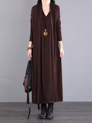 Women Long Sleeve Loose V Neck Fake Two Piece Dress