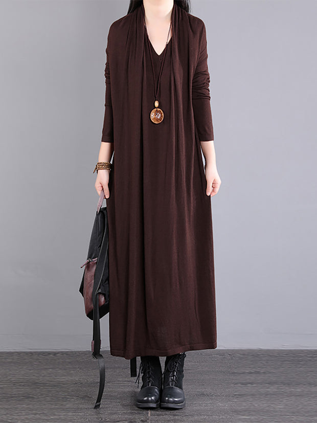 Women Long Sleeve Loose V Neck Fake Two Piece Dress