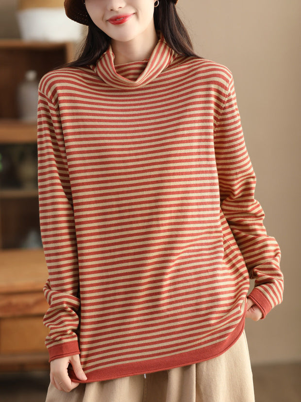 Women Casual Stripe Turtleneck Wool Warm Sweater