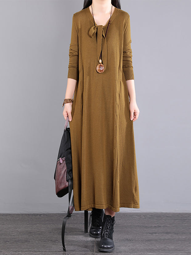 Women Autumn Solid Loose V Neck Dress