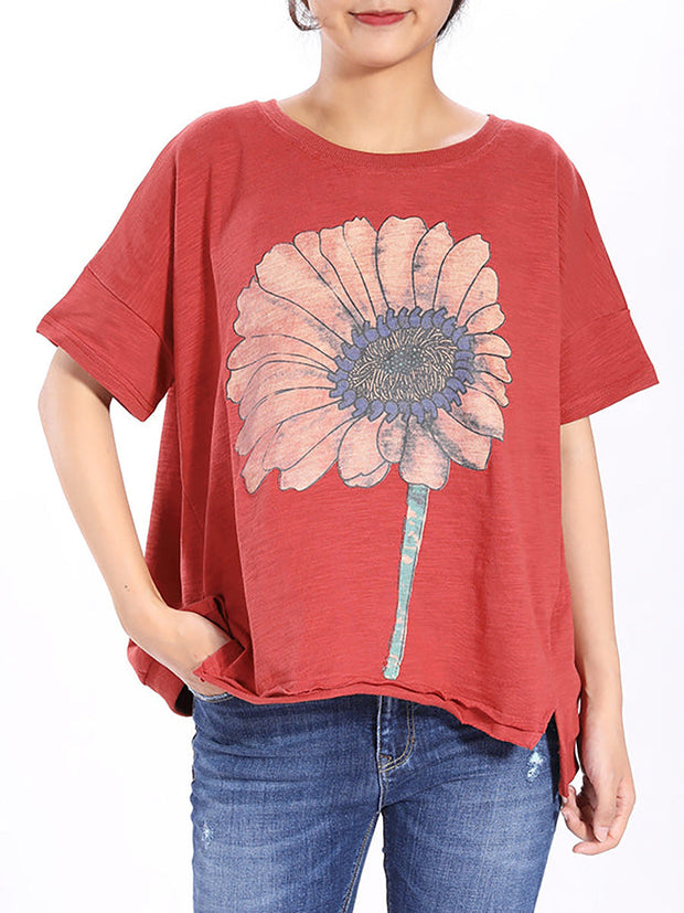 Short Sleeve Loose Sunflower Printed T-shirt
