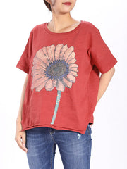 Short Sleeve Loose Sunflower Printed T-shirt