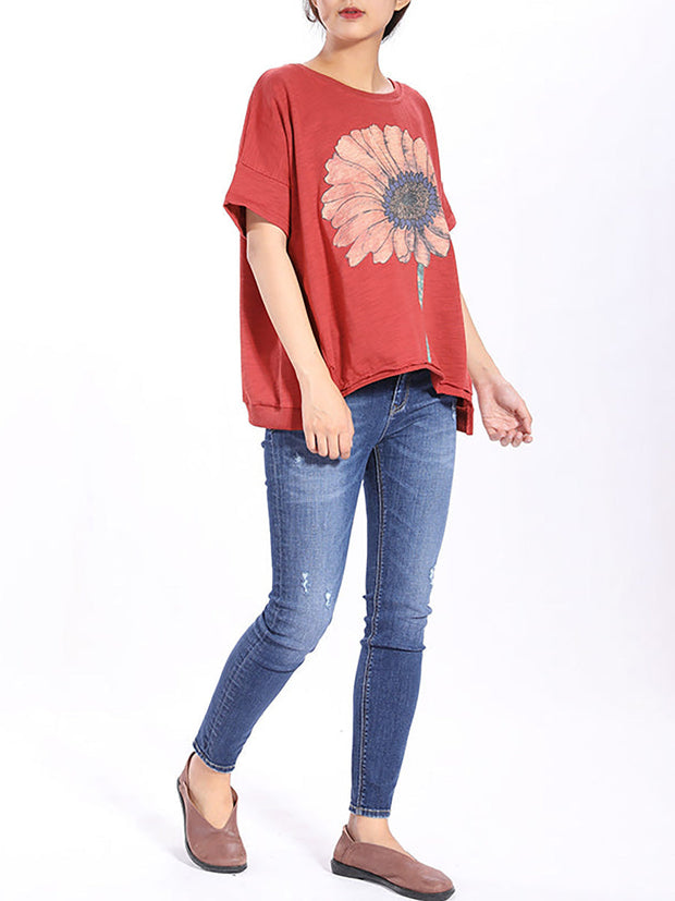 Kurzärmliges T-Shirt mit lockerem Sonnenblumen-Print