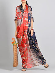 Vintage-Tencel-Damenkleid mit gespleißtem Blumendruck
