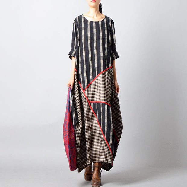 Stripes Plaid Spliced Irregular Cotton Linen Dress