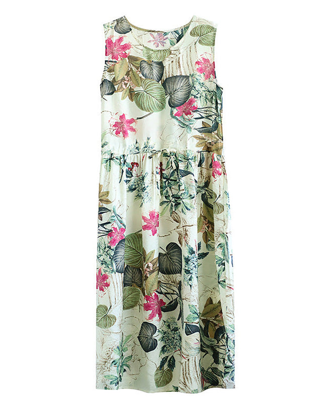 Summer Casual Floral Printed Cotton Sleeveless Pinafore Dress
