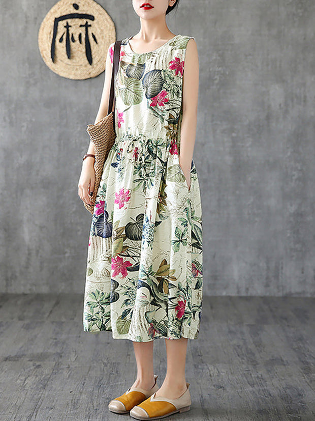 Summer Casual Floral Printed Cotton Sleeveless Pinafore Dress