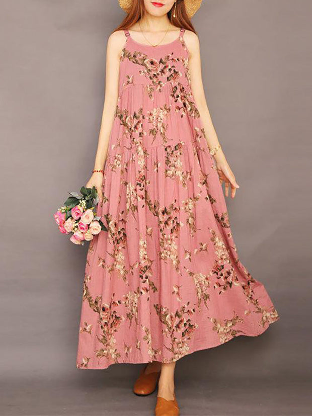 Summer Printed 100% Cotton Floral Suspender Pinafore Dress