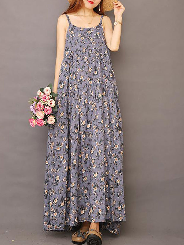 Summer Printed 100% Cotton Floral Suspender Pinafore Dress