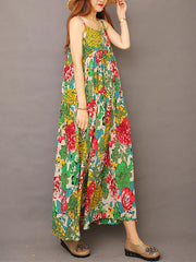 Summer Printed 100% Cotton Floral Suspender Pinafore Dress