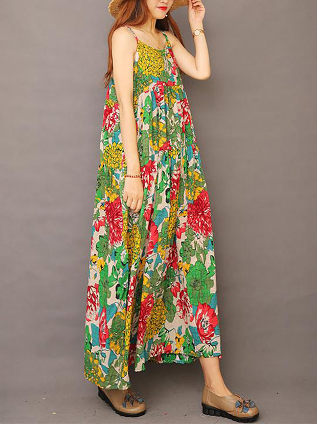 Summer Printed 100% Cotton Floral Suspender Pinafore Dress
