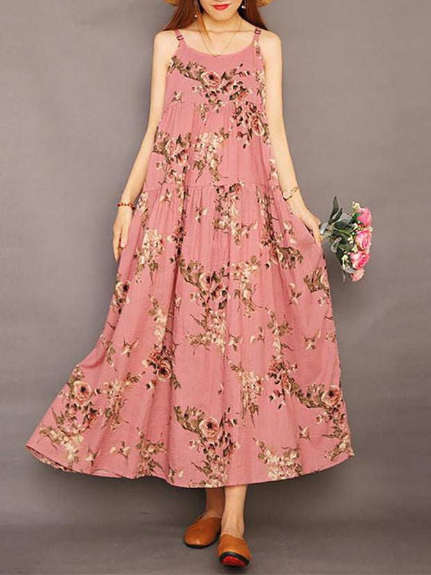 Summer Printed 100% Cotton Floral Suspender Pinafore Dress