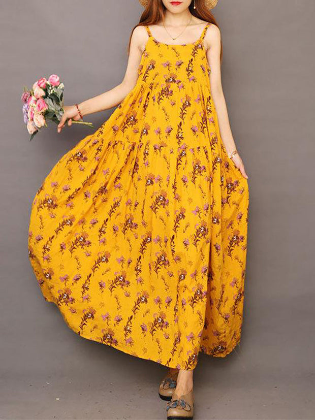 Summer Printed 100% Cotton Floral Suspender Pinafore Dress
