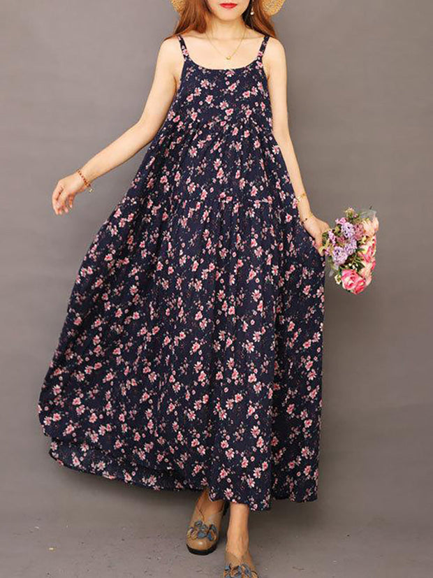 Summer Printed 100% Cotton Floral Suspender Pinafore Dress